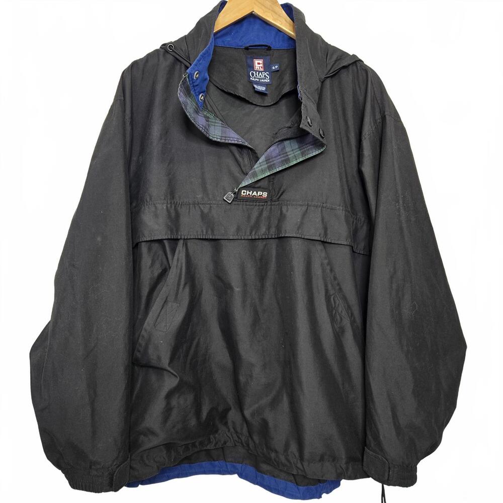 Vintage Chaps Jacket Men's Small Black Pullover Soft Shell Hooded Windbreaker
